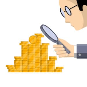 Vector illustration of a man with glasses investigating gold coins through a magnifying glass