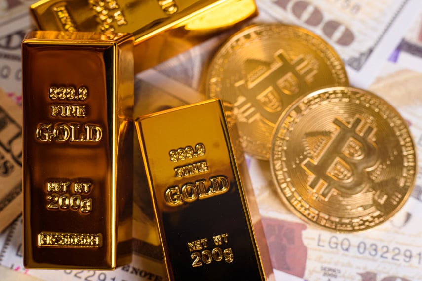 Bitcoin and gold bars
