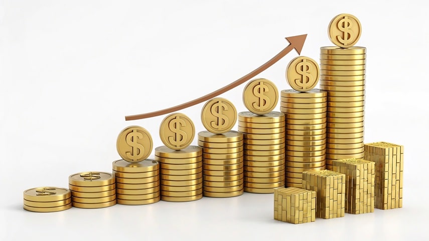 3d illustration of golden coins stacks with rising graph over white background