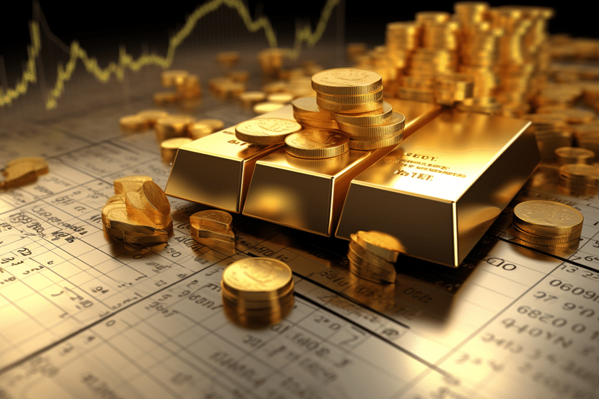 Gold bars and coins for stock market investing