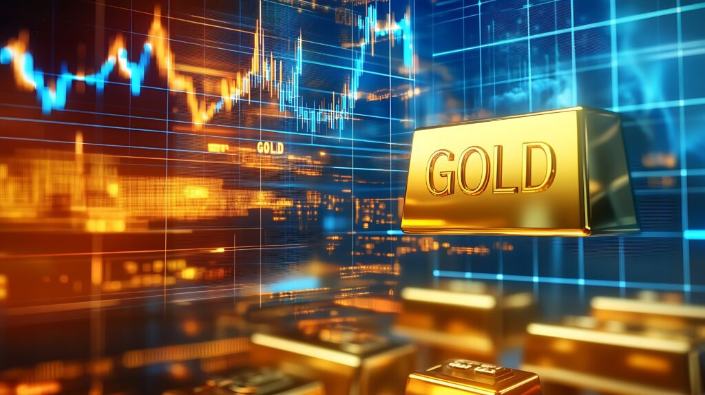 Gold bullion over a stock market chart background