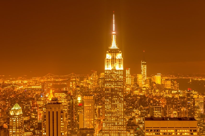 Night view of New York Manhattan during sunset