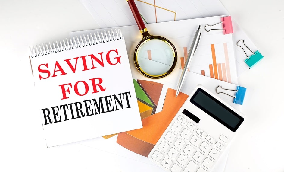 White notepad text SAVING FOR RETIREMENT with diagram, chart, calculator on white background